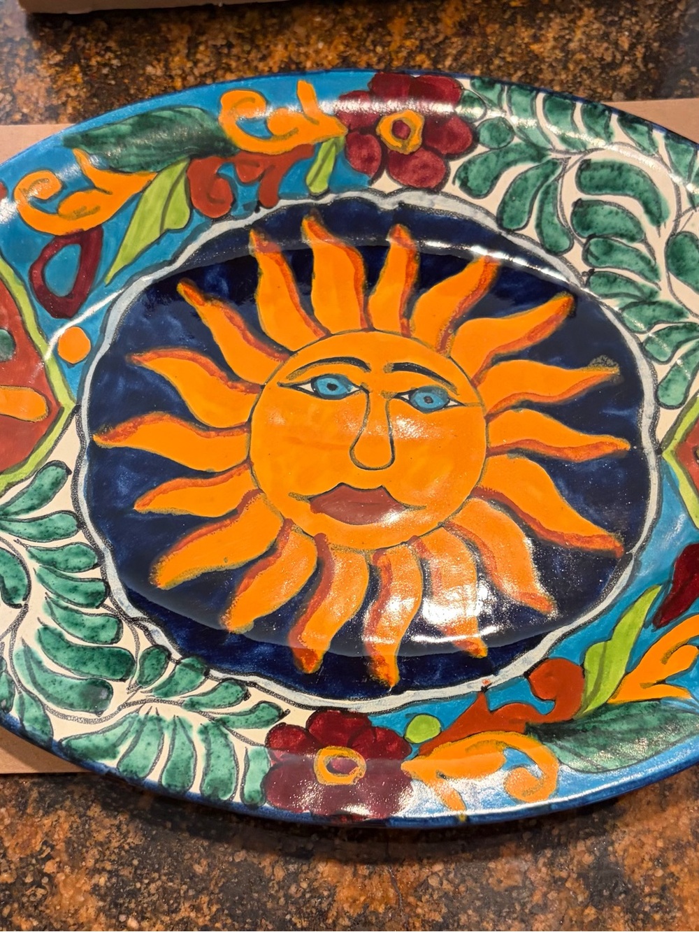 Talavera Hand-Painted Sun Decorative Ceramic Plate - Orange Sun